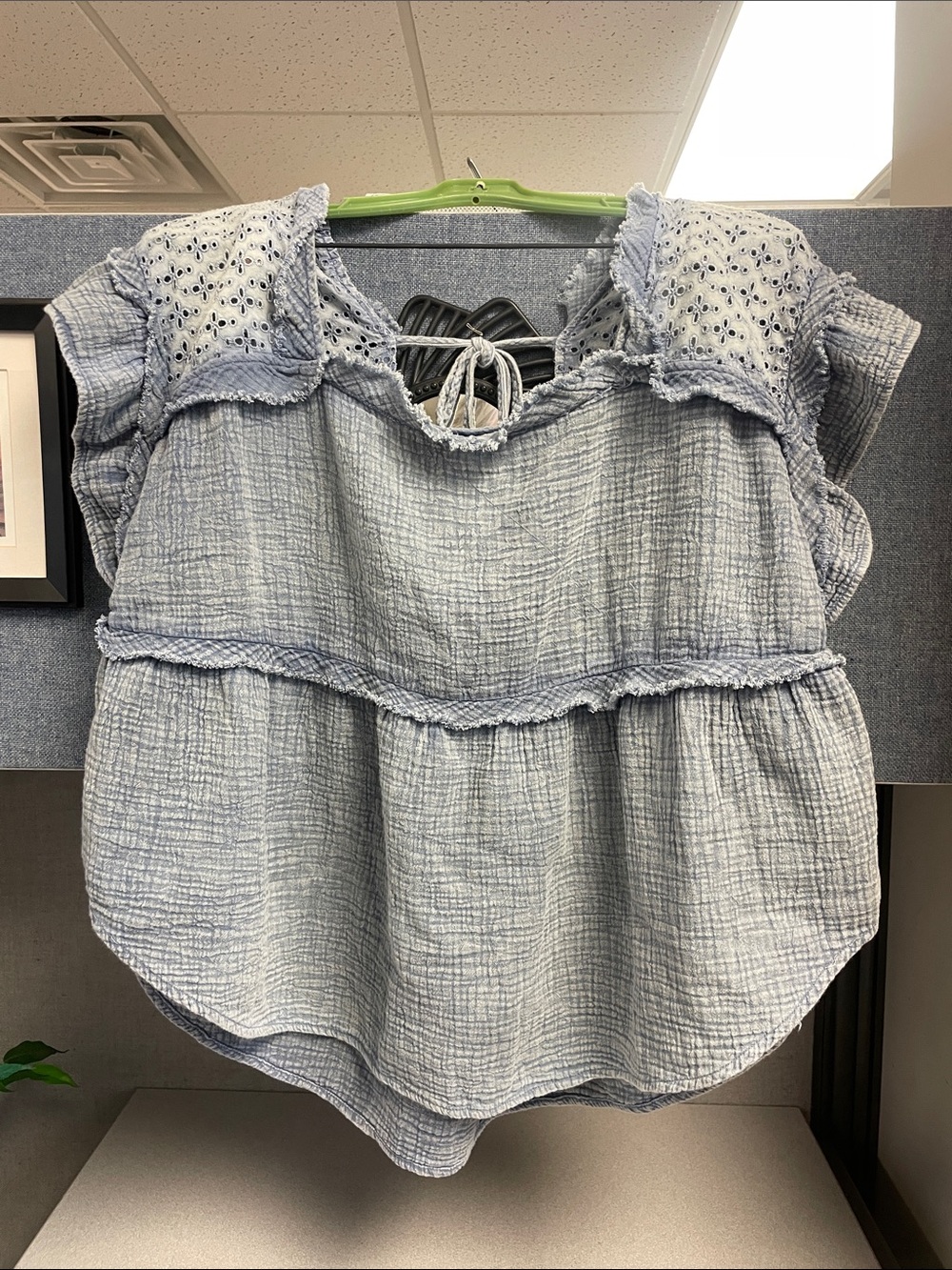 Maurices Pale Blue Eyelet Ruffle Peasant Top